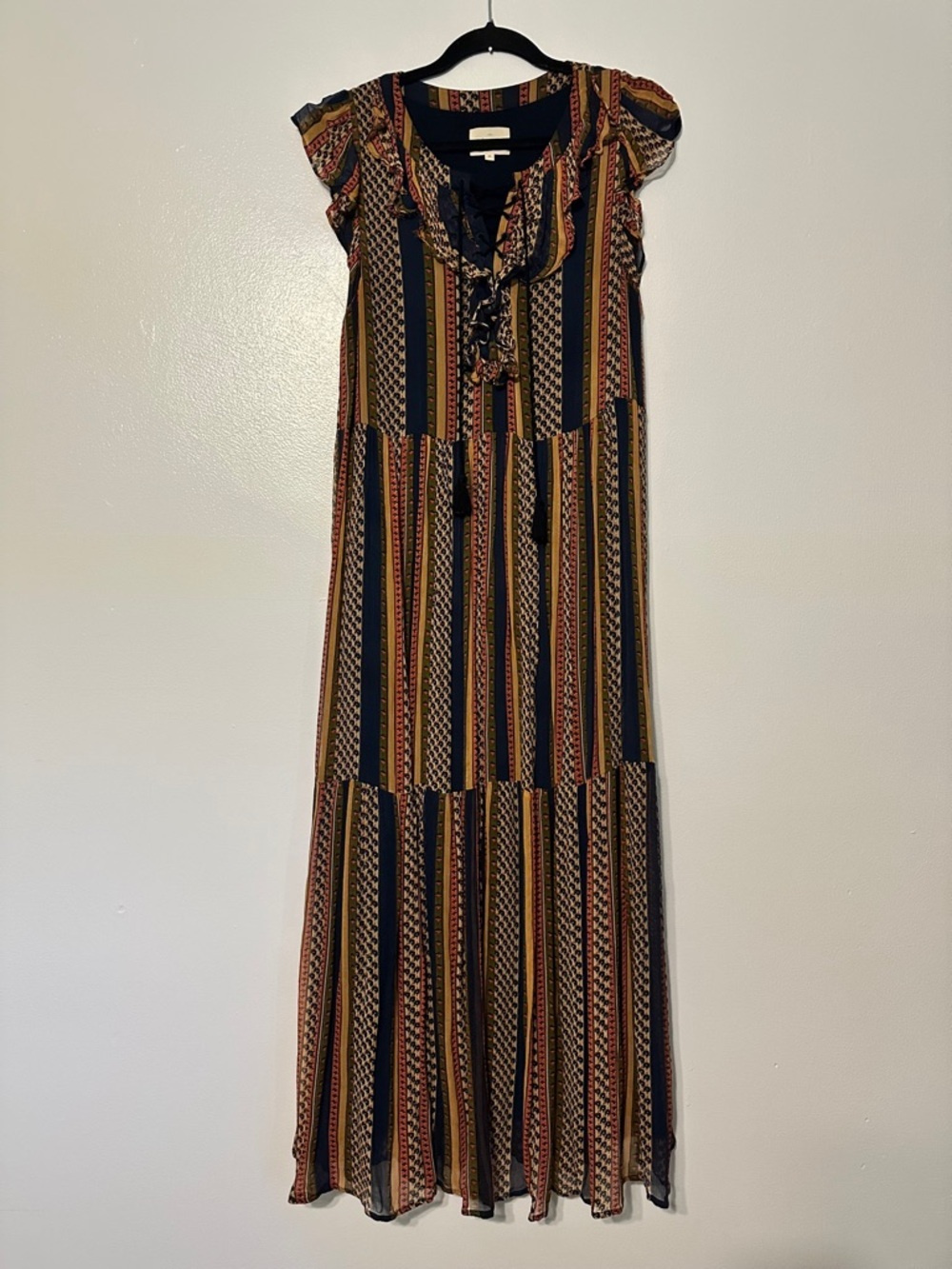 Sezane Dolores Lace Up Sleeveless Ruffle Maxi Dress in Maya Stripe Size 8 - Picture 4 of 10